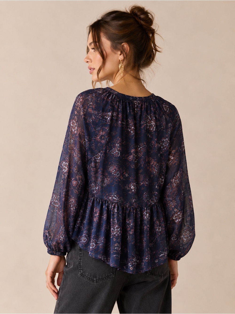 Knox Rose Floral Peasant Blouse Small Boho Cottagecore Sheer Balloon Sleeve Top - Picture 3 of 9